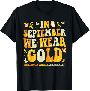 In September We Wear Gold Retro Childhood Cancer Awareness T-Shirt - T-Shirt | Black