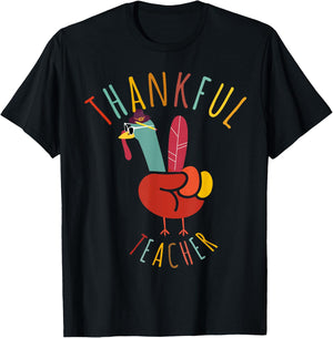 Peace Hand Sign Turkey Funny Thankful Teacher Thanksgiving T-Shirt - T-Shirt | Black
