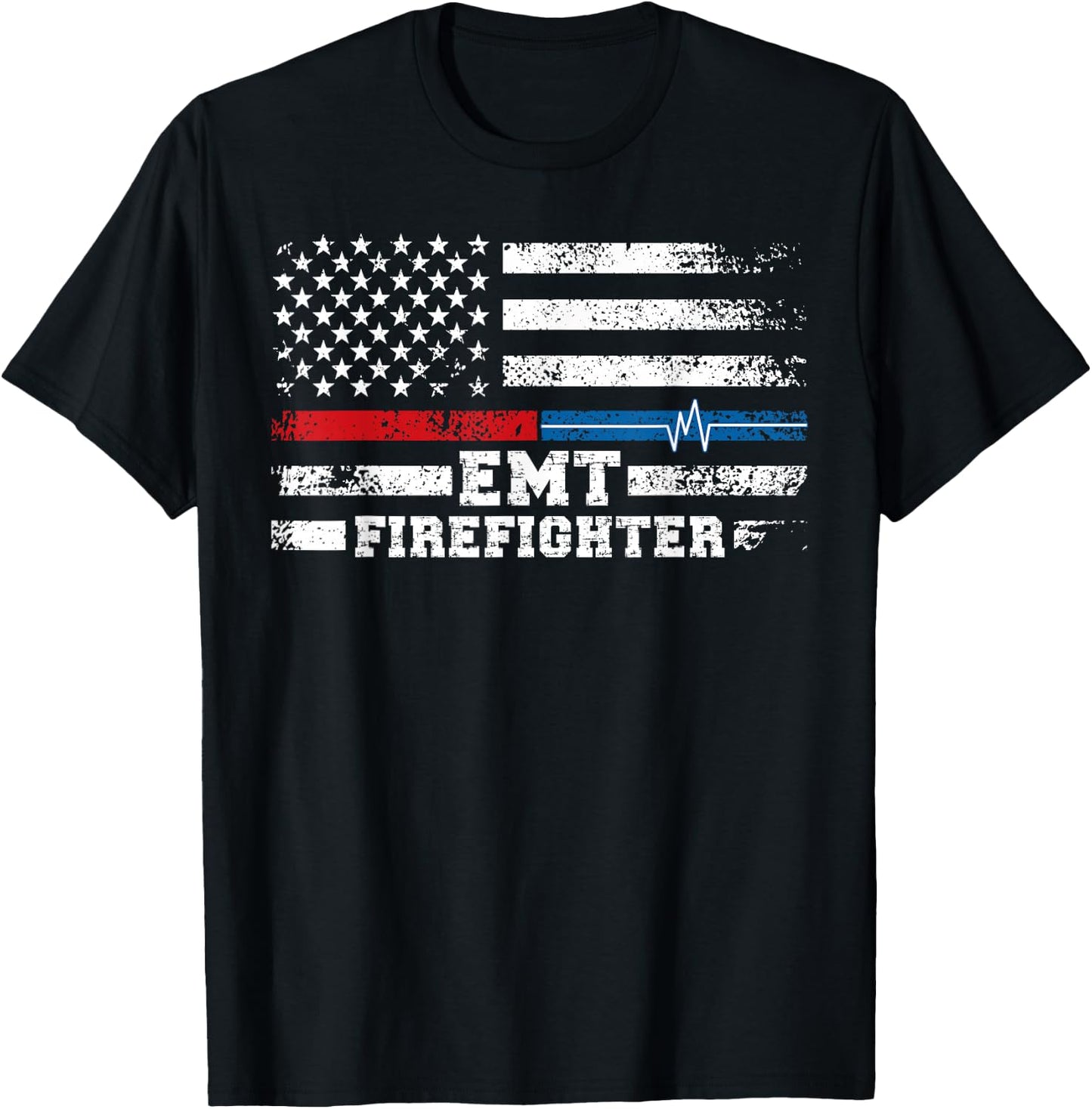 EMT Firefighter American Flag Proud Firefighter EMT T-Shirt - T-Shirt | Black