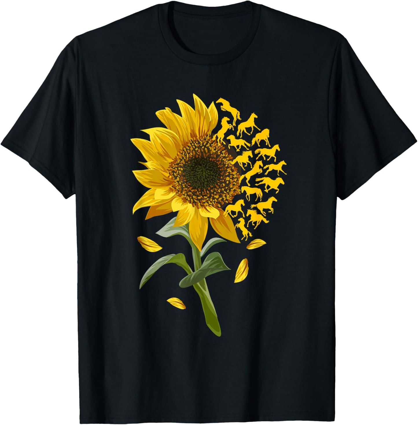 Beautiful Sunflower Horse Racing Flower Graphic T-Shirt - T-Shirt | Black