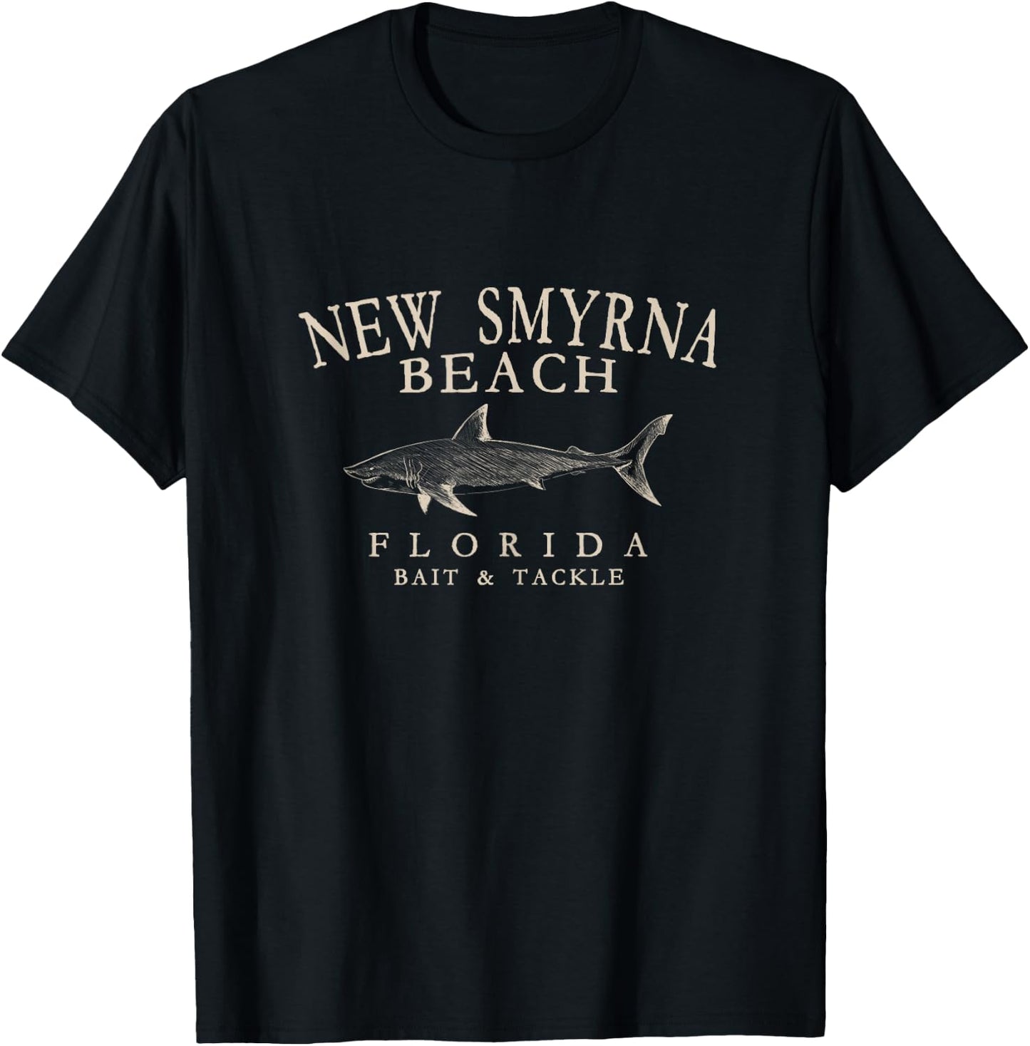 New Smyrna Beach Florida Shark Vintage Ivory Art Fishing T-Shirt - T-Shirt | Black