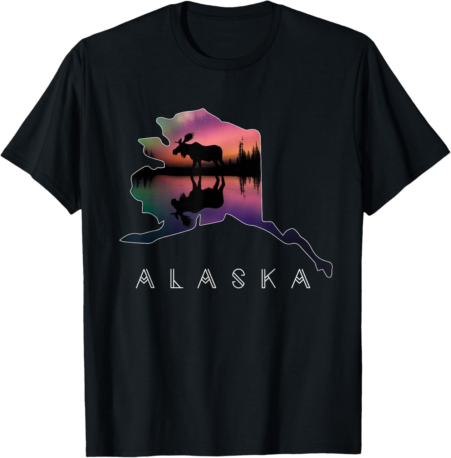 Alaskan Moose Aurora Borealis Alaska State & Landscape T-Shirt - T-Shirt | Black