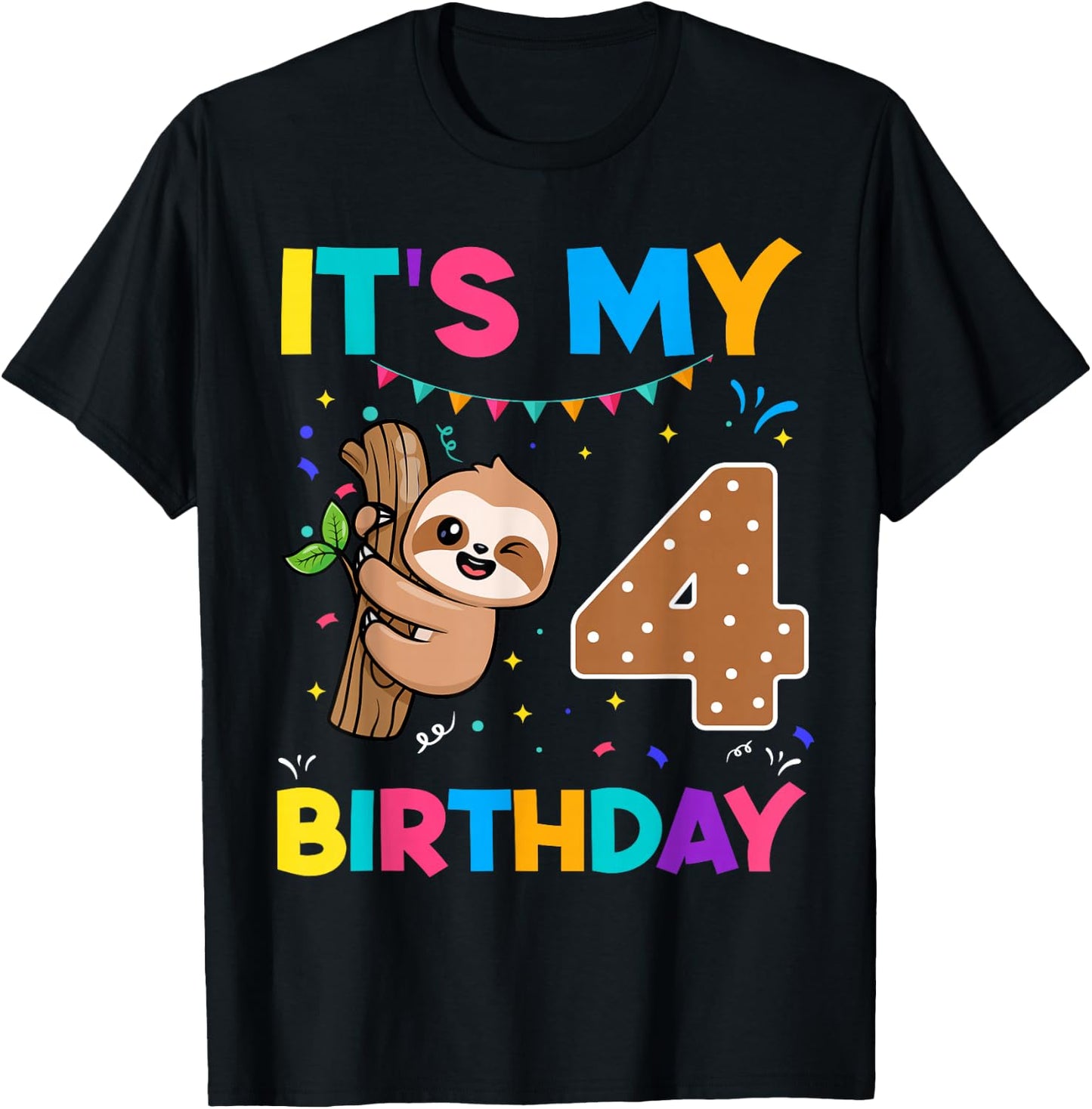 Birthday Sloth 4 years old 4th Birthday Sloth Lover T-Shirt - T-Shirt | Black