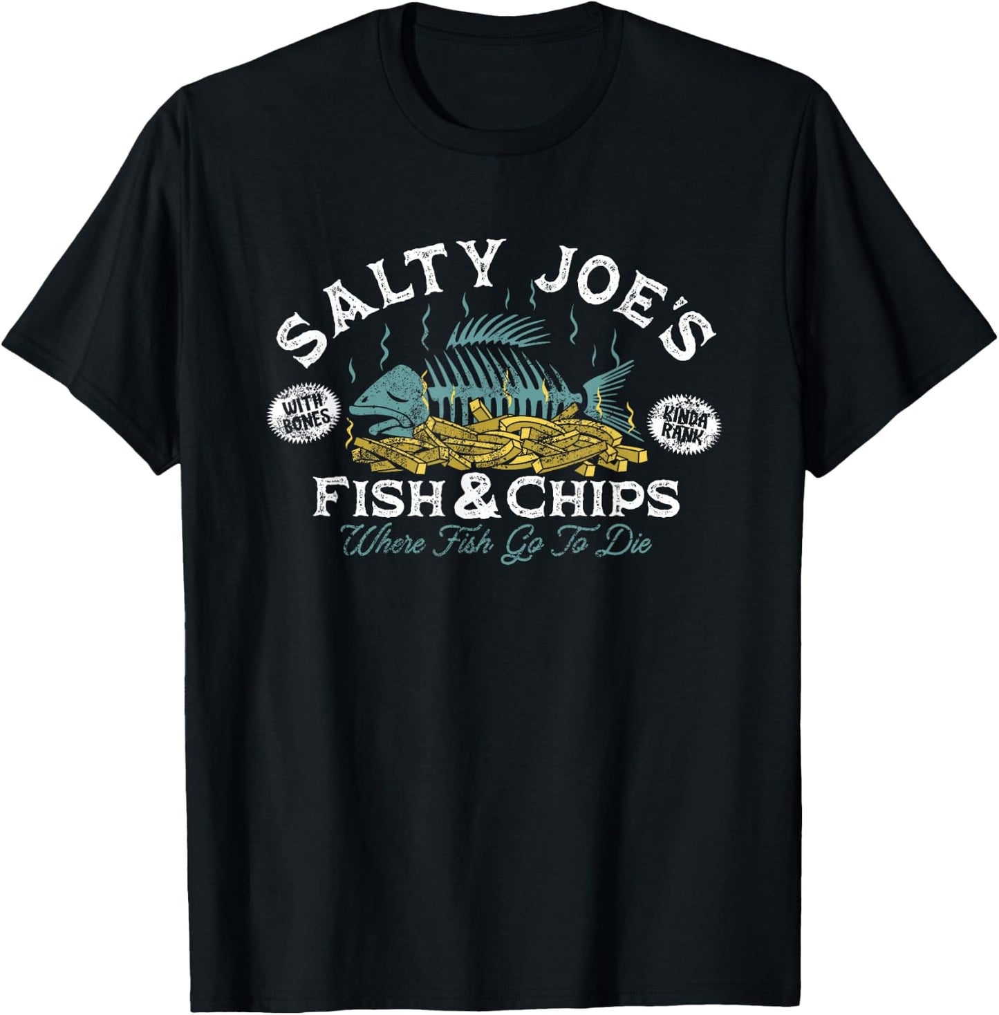 Salty Joe's Fish and Chips Logo Surf Shop Graphic T-Shirt - T-Shirt | Black