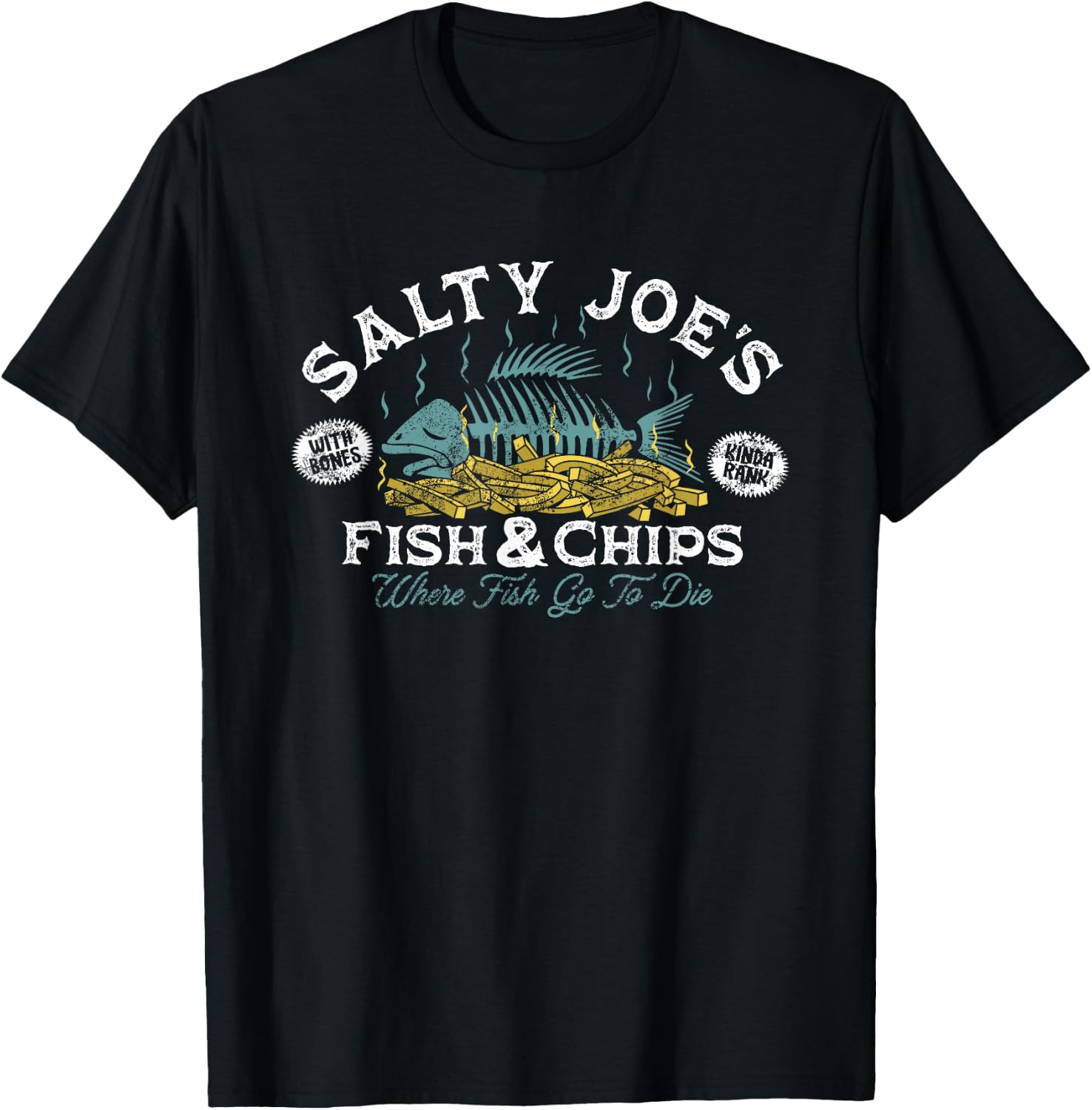 Salty Joe's Fish and Chips Logo Surf Shop Graphic T-Shirt - T-Shirt | Black