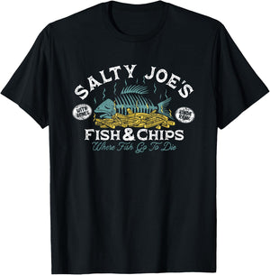 Salty Joe's Fish and Chips Logo Surf Shop Graphic T-Shirt - T-Shirt | Black