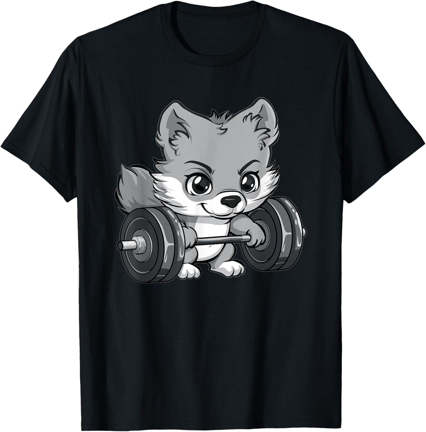 Cute Gray Wolf Weightlifting T-Shirt - T-Shirt | Black