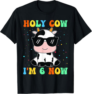 Kids Holy Cow I'm Two 6 Years Old 6th Birthday Boy Girl T-Shirt - T-Shirt | Black
