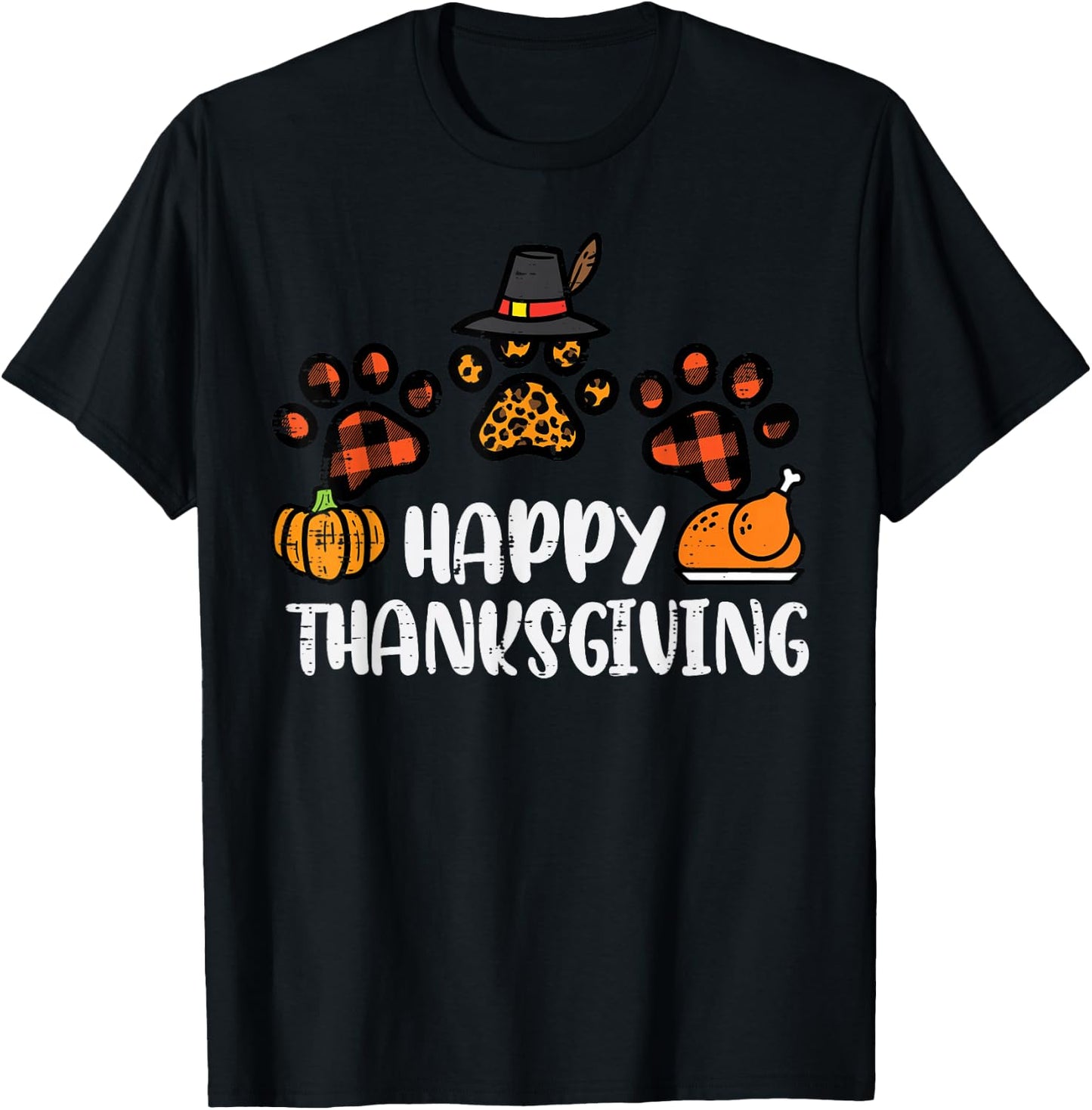 Happy Thanksgiving Dog Cat Paws Turkey Day Women Kids Men T-Shirt - T-Shirt | Black
