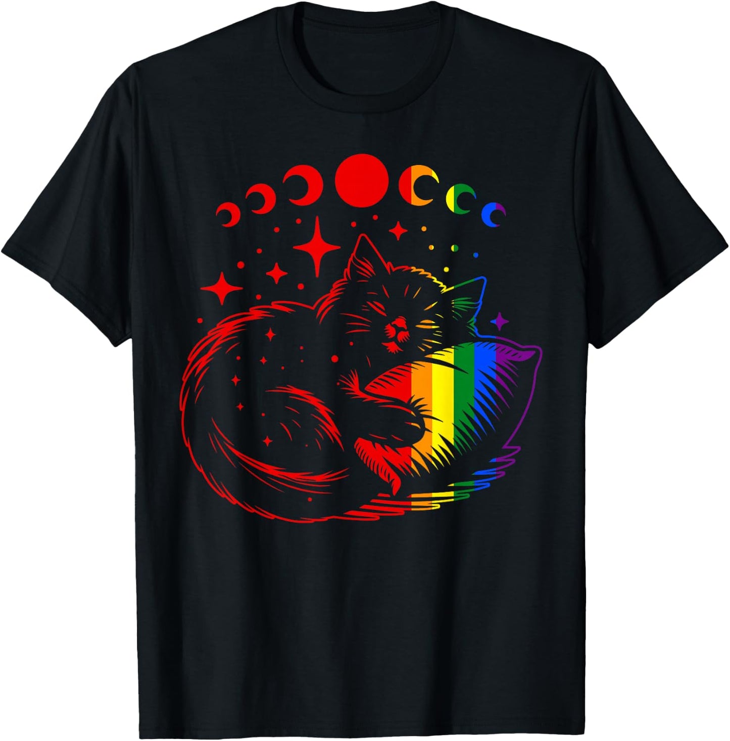 Rainbow Cat Sleeping with Moon Phases and Stars Gay Pride T-Shirt - T-Shirt | Black