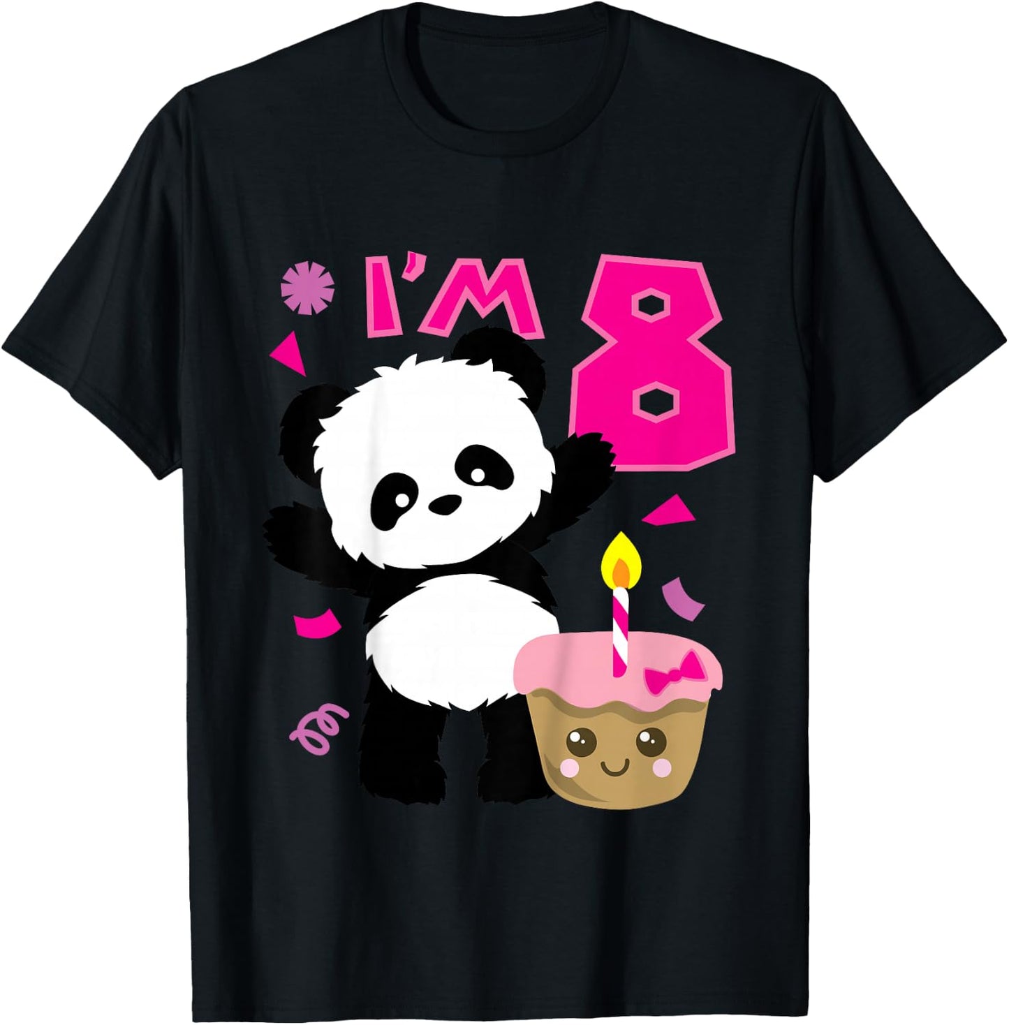 Kids Panda with Kawaii Cake 8 Years Old Girls Birthday Party T-Shirt - T-Shirt | Black