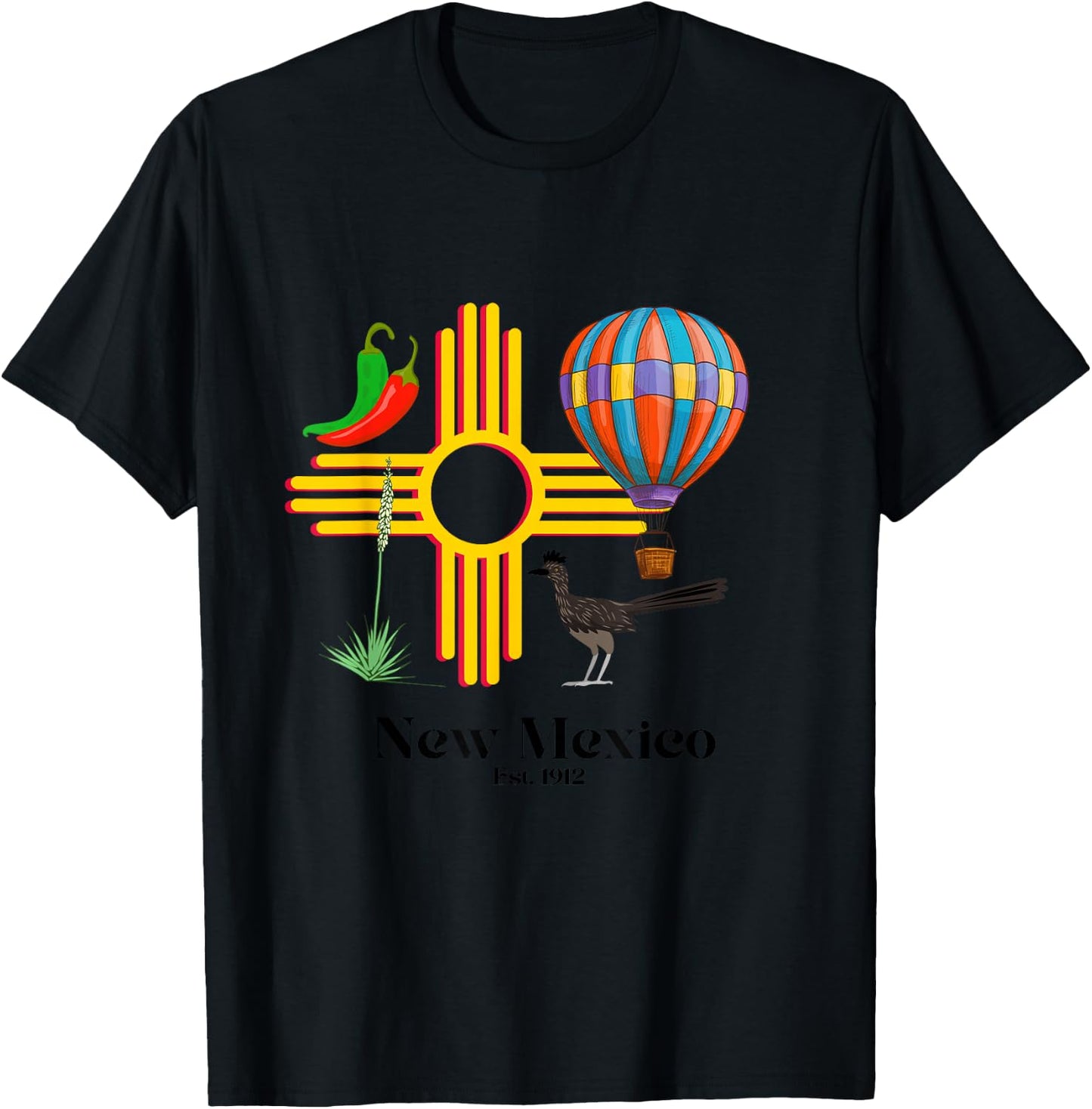 New Mexico Zia: Chiles, Balloon, Roadrunner, Yucca Est. 1912 T-Shirt - T-Shirt | Black