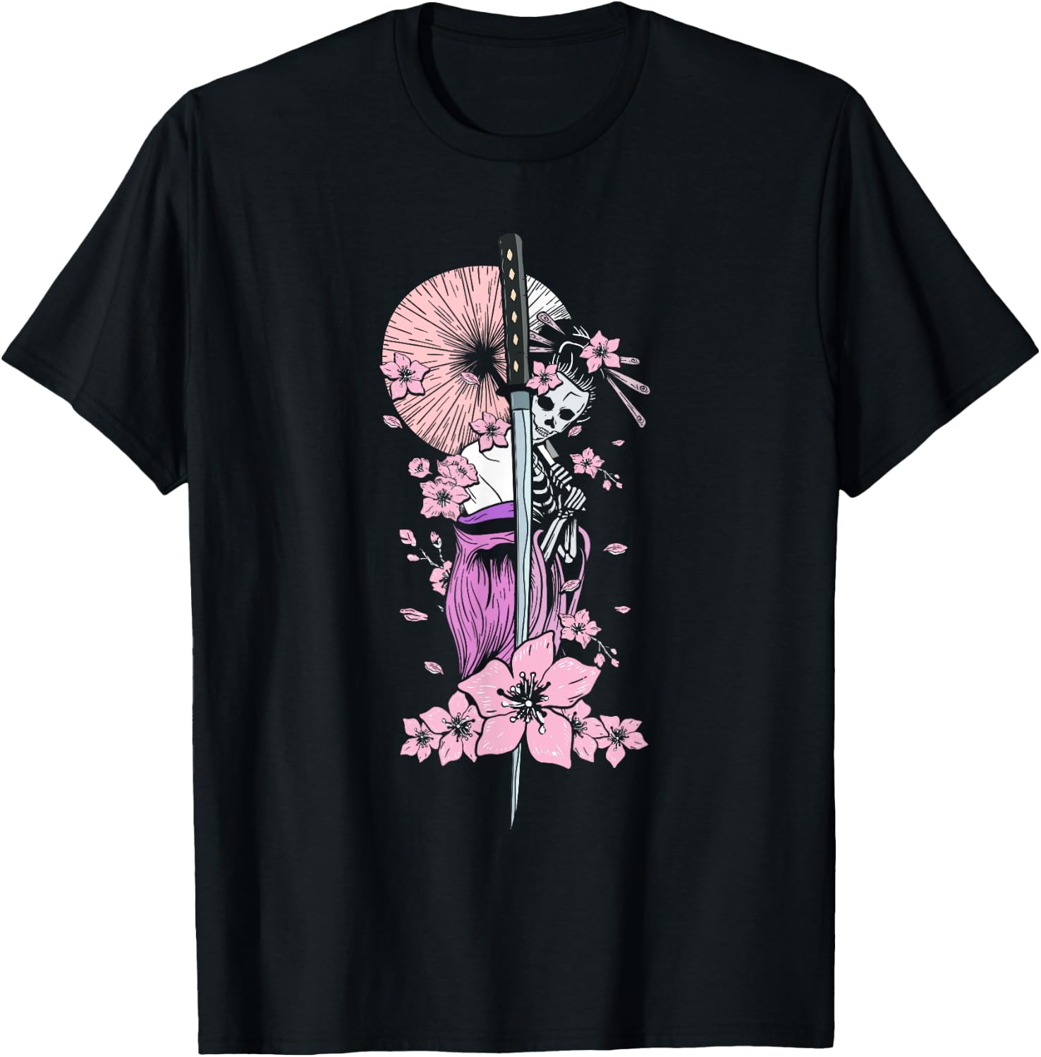 Japanese Geisha with Geisha and Cherry Blossom and Sakura T-Shirt - T-Shirt | Black