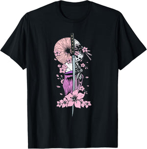 Japanese Geisha with Geisha and Cherry Blossom and Sakura T-Shirt - T-Shirt | Black