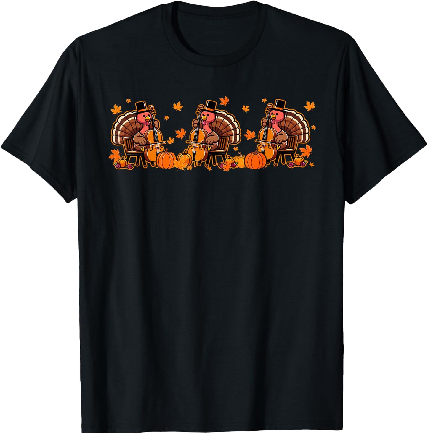Three Thanksgiving Turkeys Playing Cello Instrumentalist T-Shirt - T-Shirt | Black