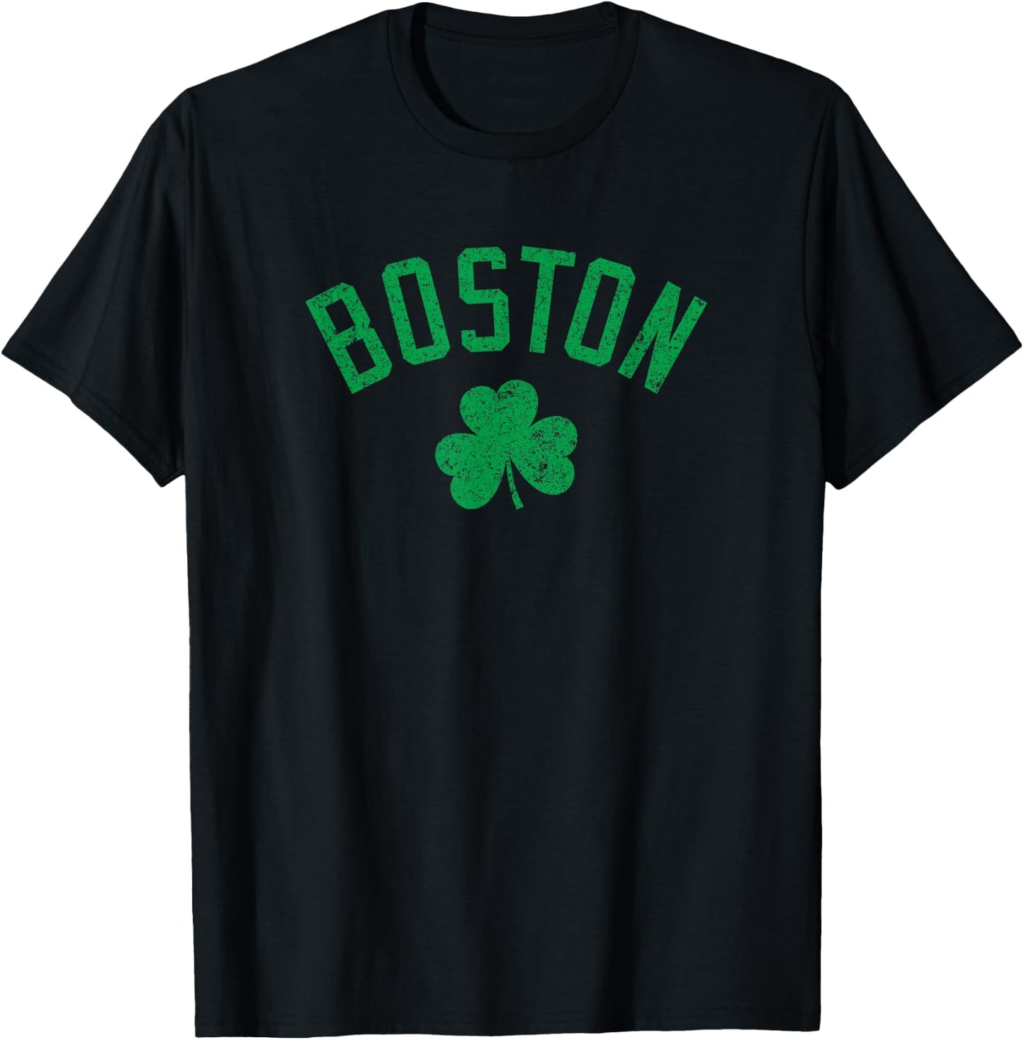 Boston Text Irish Shamrock Distressed Green Print T-Shirt - T-Shirt | Black