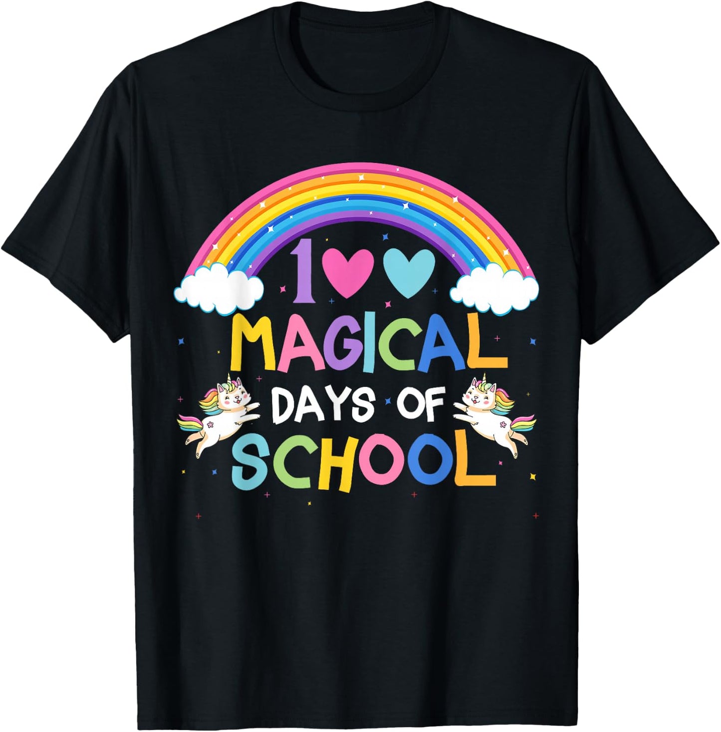 100 Magical Days of School Rainbow Unicorn Cat 100th Day T-Shirt - T-Shirt | Black
