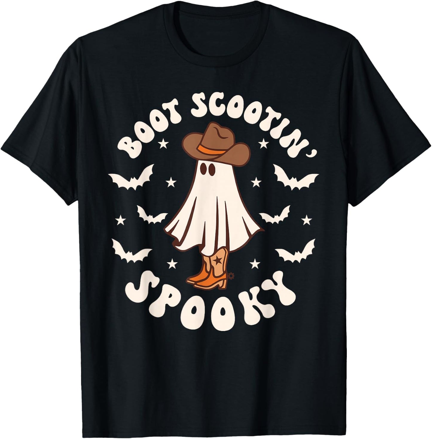 Retro Western Halloween Cute Ghost Funny Boot Scootin Spooky T-Shirt - T-Shirt | Black