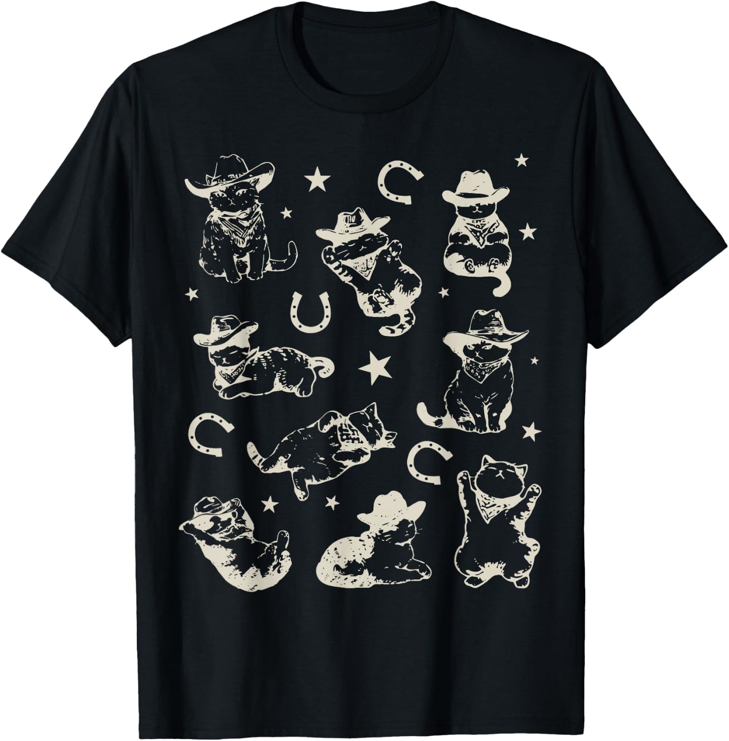 Retro 90s Cowboy Cats Horseshoe Kittens Western Cowgirl T-Shirt - T-Shirt | Black