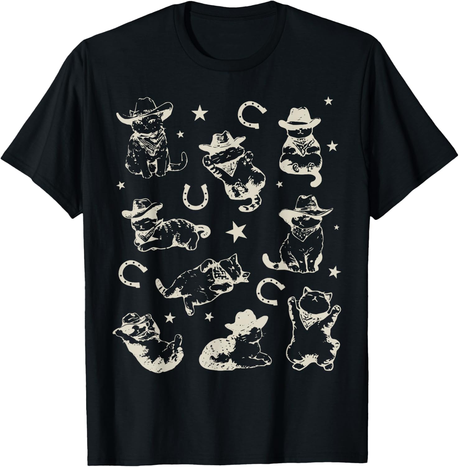 Retro 90s Cowboy Cats Horseshoe Kittens Western Cowgirl T-Shirt - T-Shirt | Black