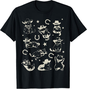 Retro 90s Cowboy Cats Horseshoe Kittens Western Cowgirl T-Shirt - T-Shirt | Black