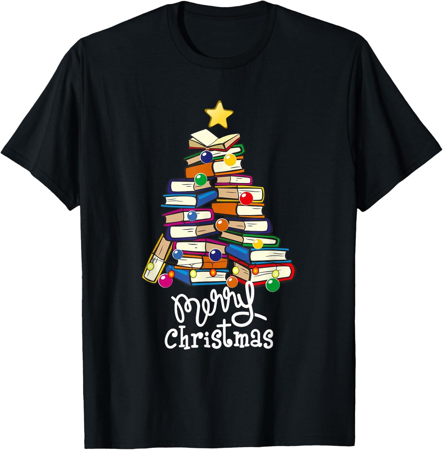 Merry Christmas Tree Love Reading Books Librarian Nerd T-Shirt - T-Shirt | Black