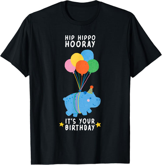 Funny Hippo Birthday Party Cute Animal Hip Hippo Hooray Kids T-Shirt - T-Shirt | Black