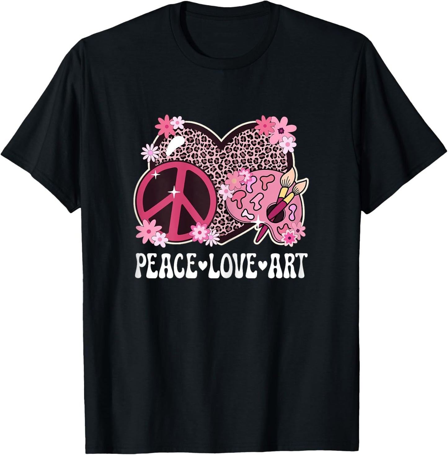 Peace Love Art Lover Artist Leopard Print Women Art Teacher T-Shirt - T-Shirt | Black