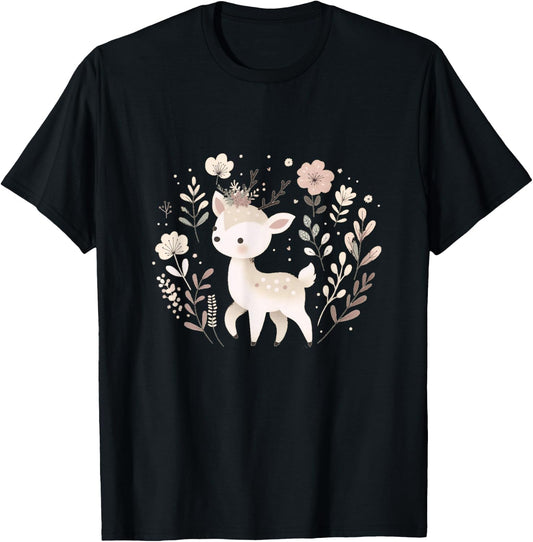 Cute Deer Floral Antlers Kawaii Cottagecore Aesthetic T-Shirt - T-Shirt | Black