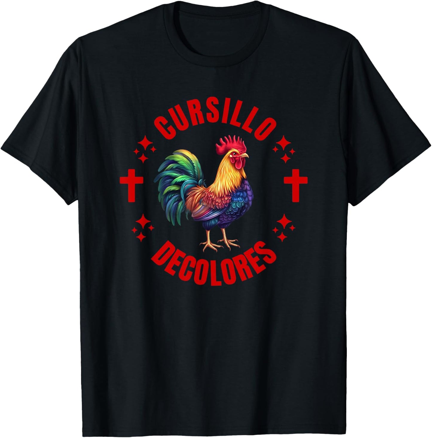Cursillo Decolores Colourful Rooster with Crosses T-Shirt - T-Shirt | Black