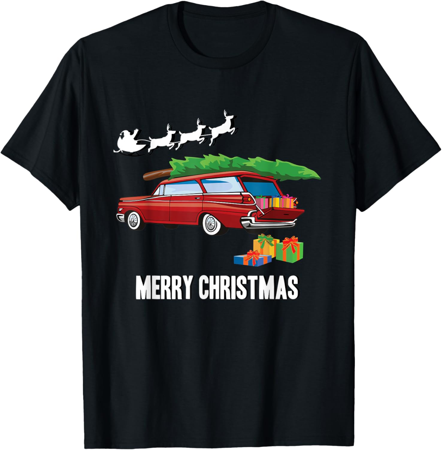 Classic Car Retro Station Wagon - Merry Christmas T-Shirt - T-Shirt | Black