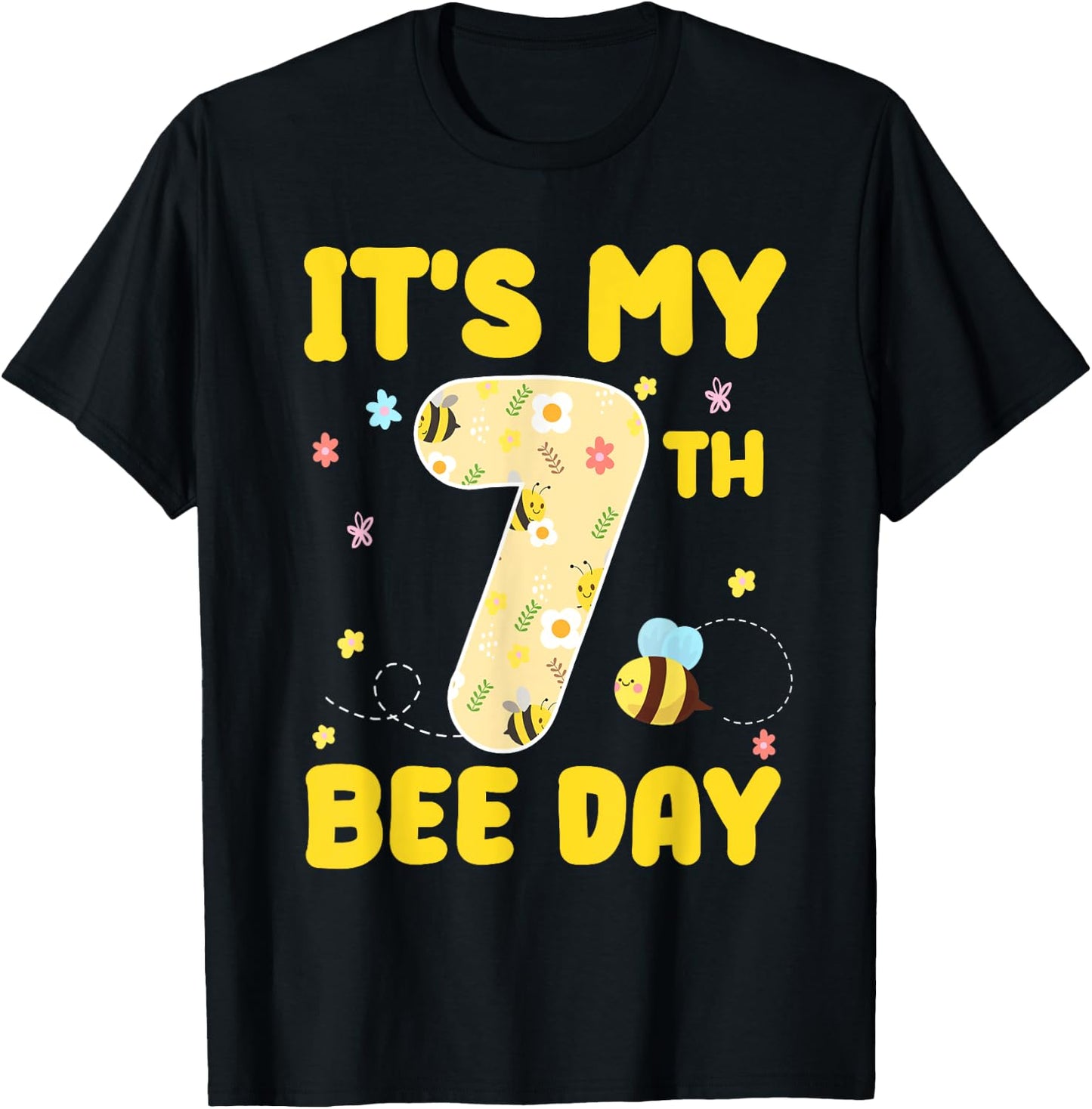 Kids It's My 7th Bee Day 7 Years Old Birthday Bee Party T-Shirt - T-Shirt | Black