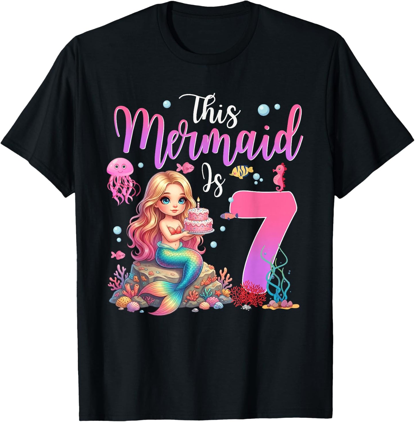 This Mermaid is 7 Year Old Girls 7th Birthday Mermaid T-Shirt - T-Shirt | Black