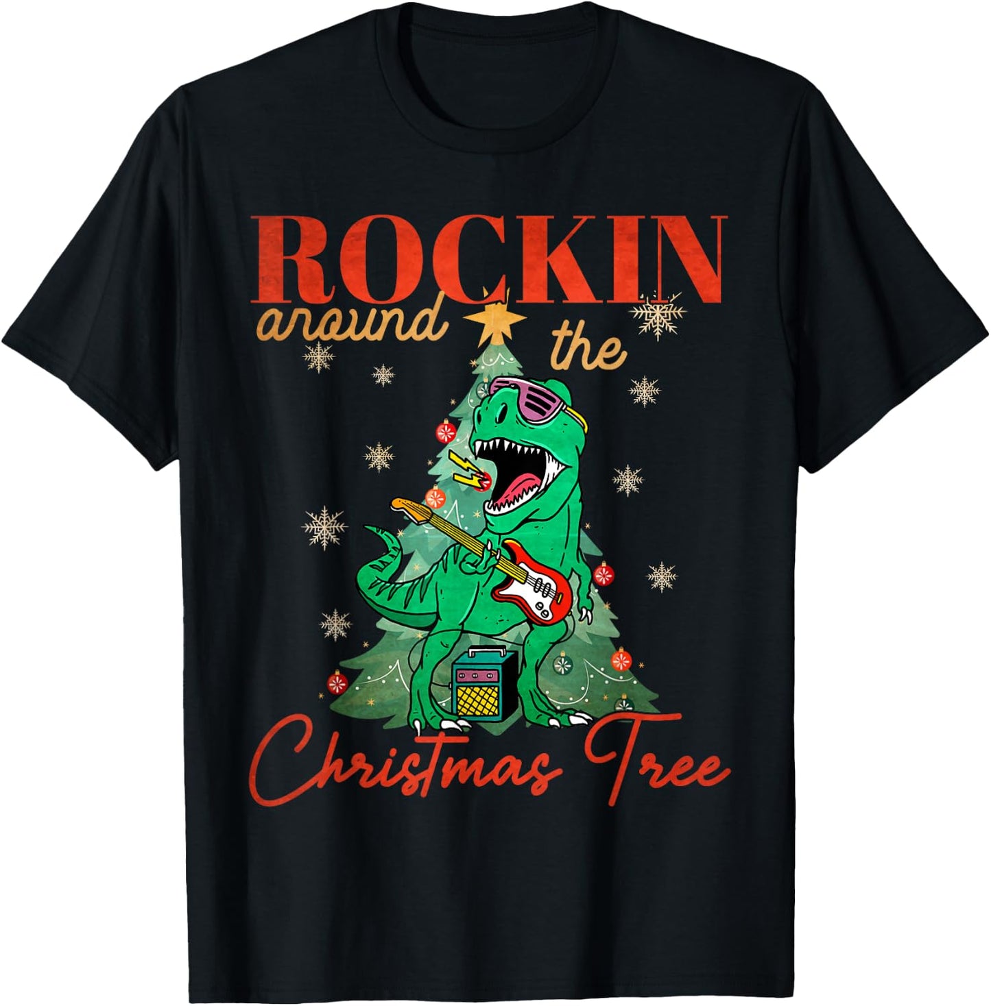 Rocking Around The Christmas Tree T-rex Rock and Roll Guitar T-Shirt - T-Shirt | Black