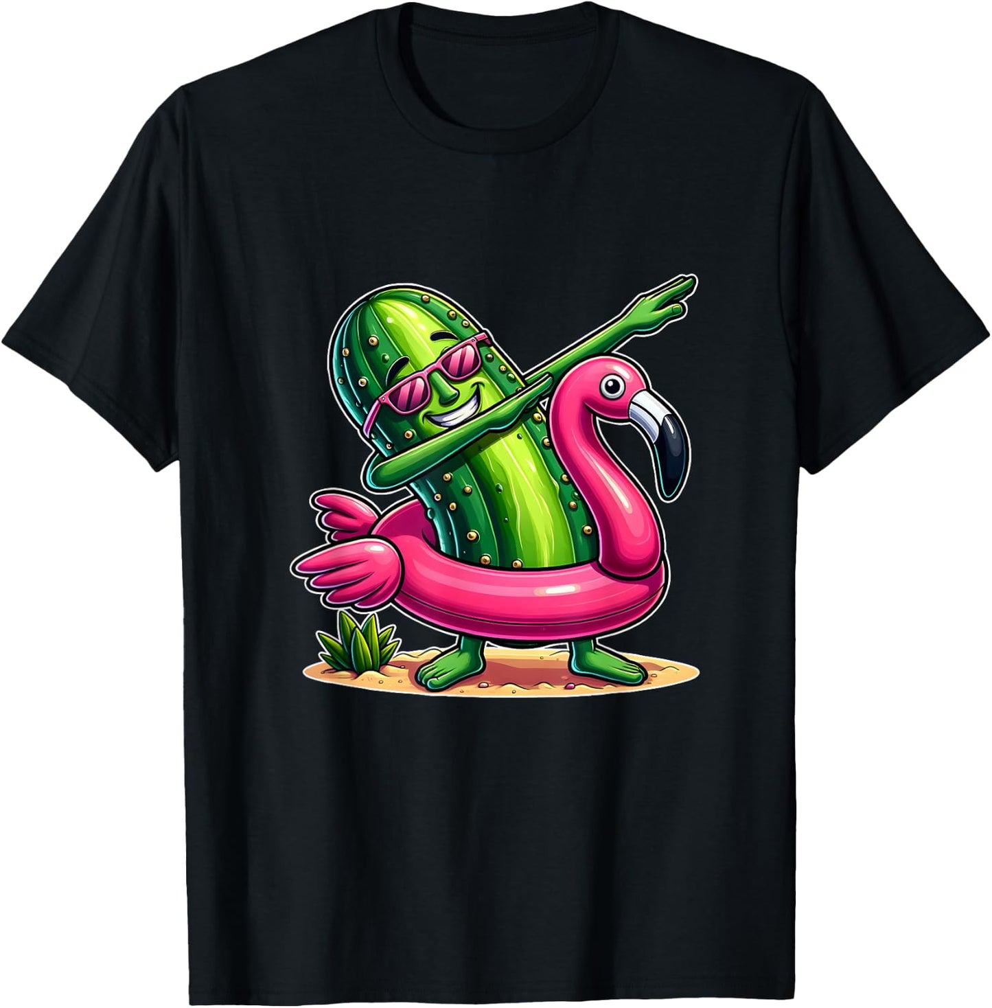 Unique Dabbing Pickle Flamingo Summer Fun T-Shirt - T-Shirt | Black
