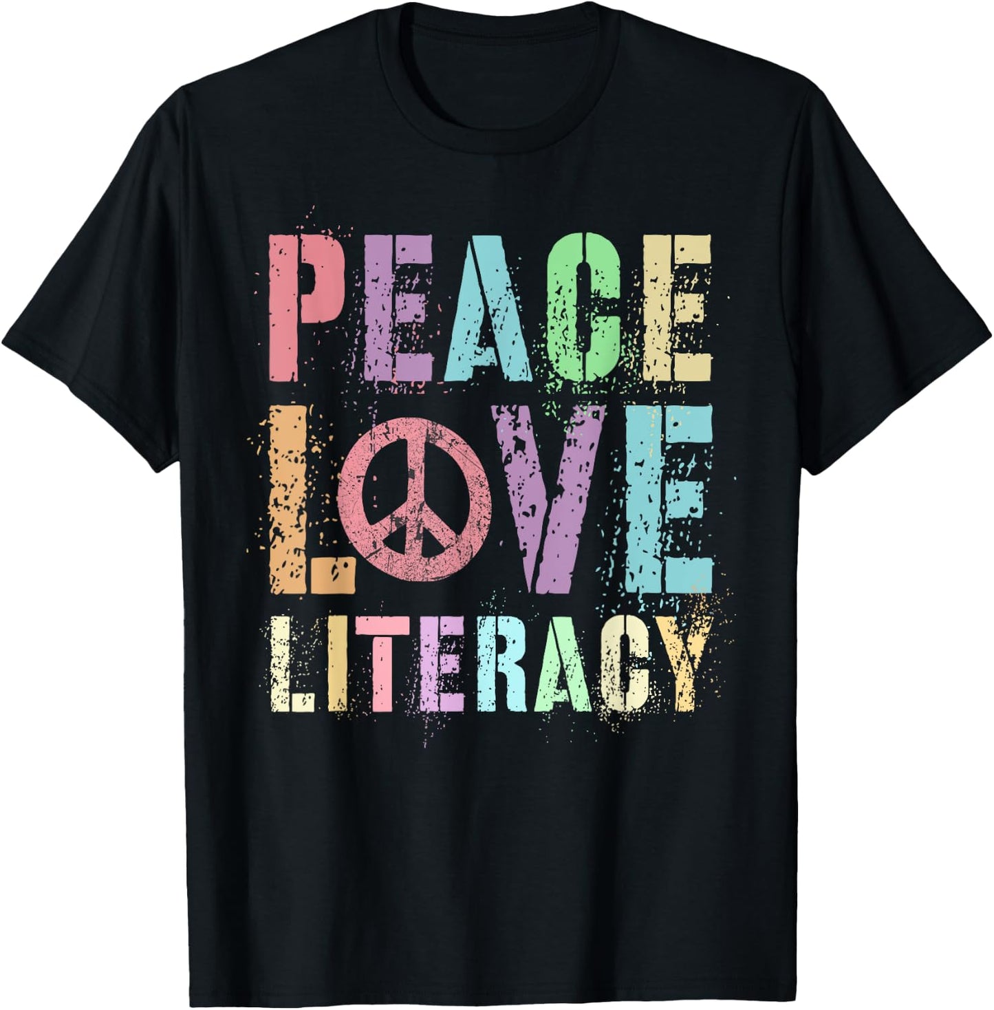 Groovy PEACE LOVE LITERACY Teacher Library Reading Preschool Men Women Girls Kids T-Shirt - T-Shirt | Black