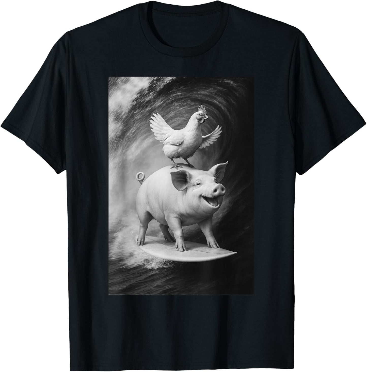 Funny Surfing Pig and Chicken Selfie On Farm Animal T-Shirt - T-Shirt | Black