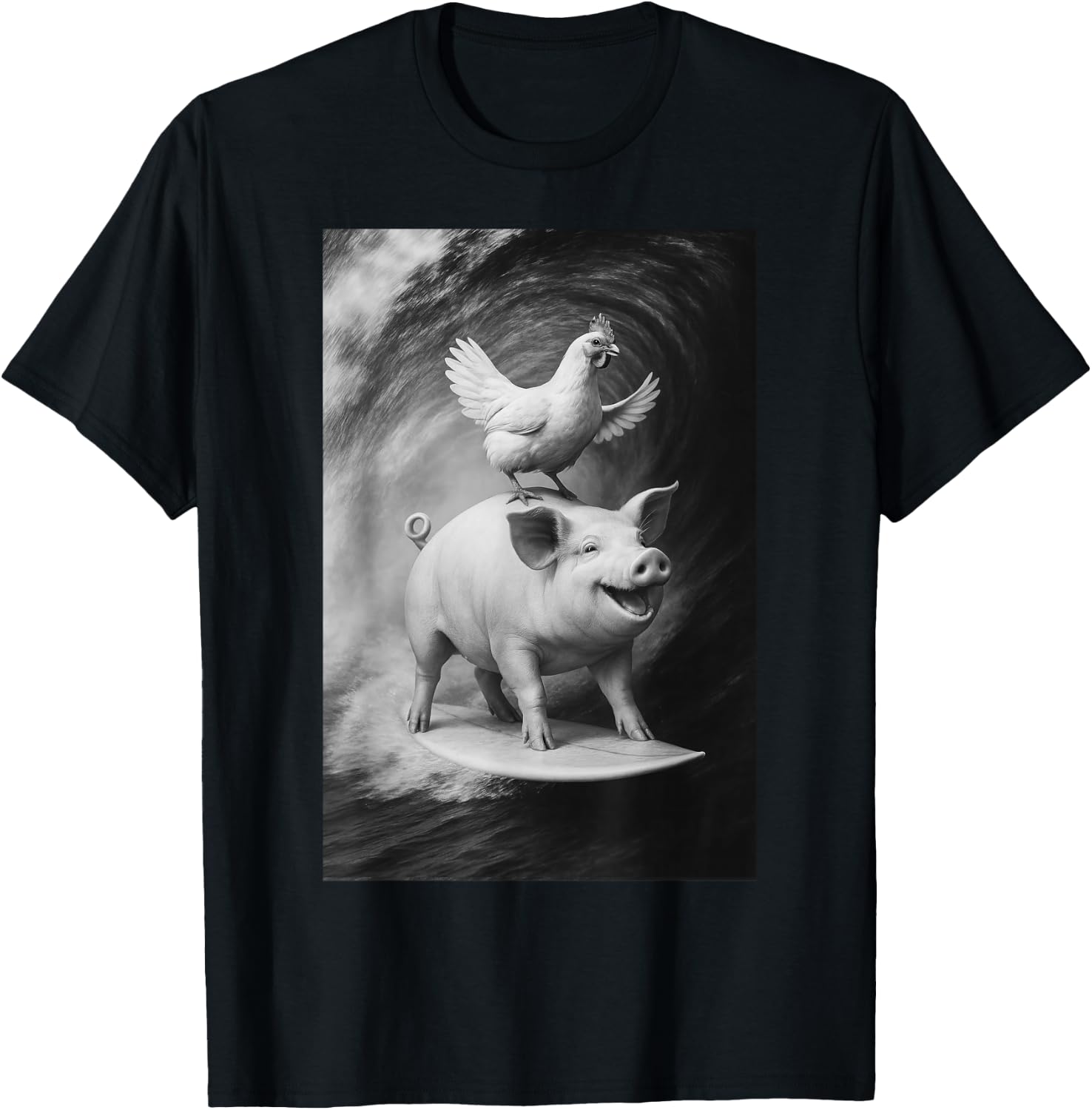 Funny Surfing Pig and Chicken Selfie On Farm Animal T-Shirt - T-Shirt | Black