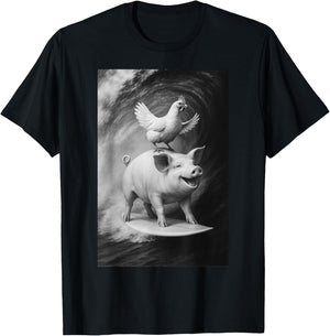 Funny Surfing Pig and Chicken Selfie On Farm Animal T-Shirt - T-Shirt | Black