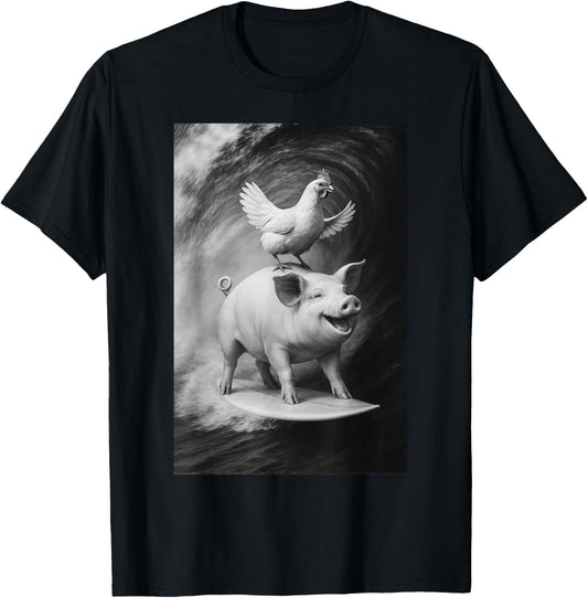 Funny Surfing Pig and Chicken Selfie On Farm Animal T-Shirt - T-Shirt | Black
