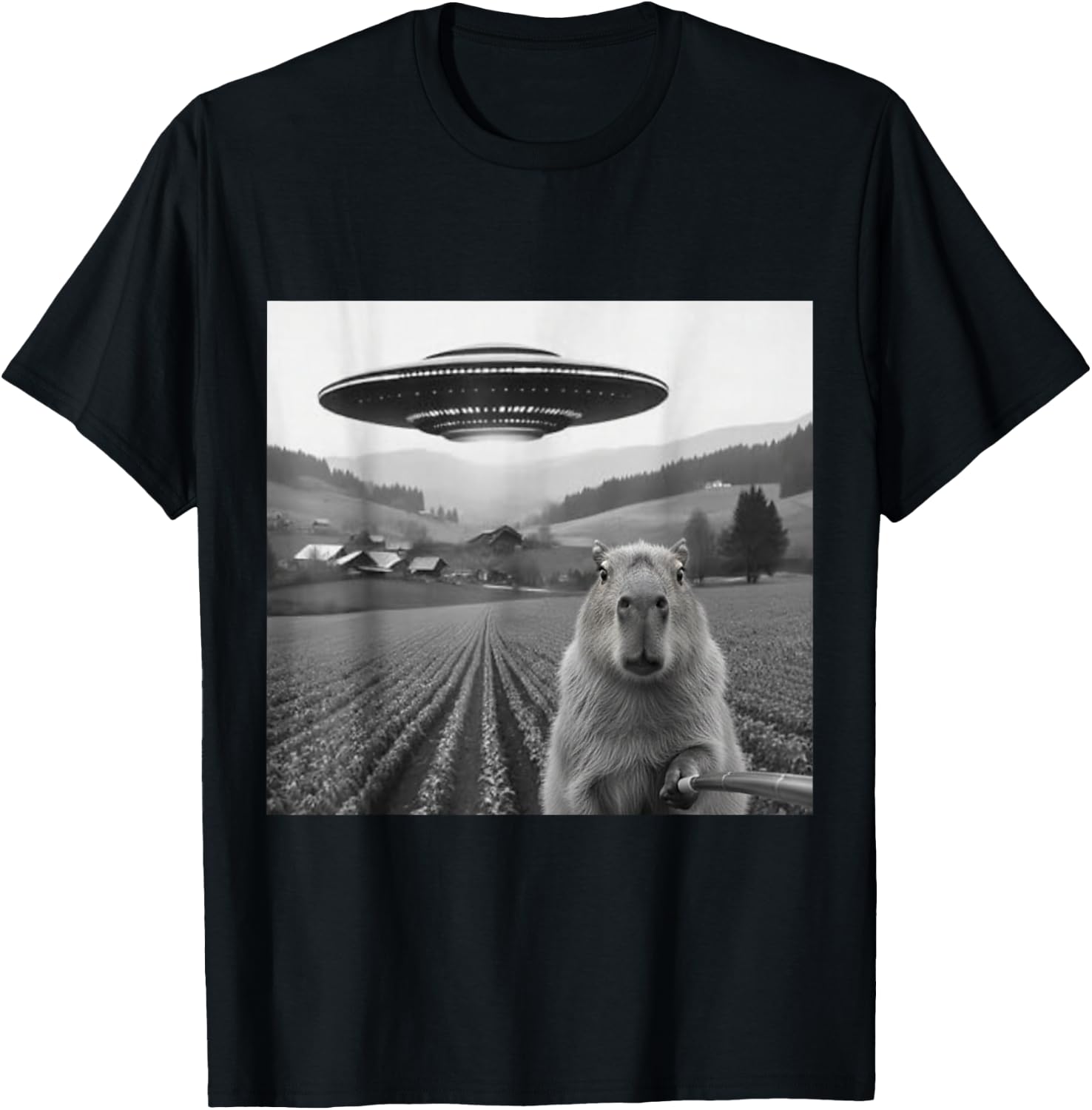 Capybara Selfie with Alien UFO Shirts Funny Gifts T-Shirt - T-Shirt | Black