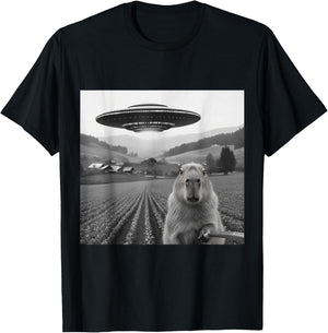 Capybara Selfie with Alien UFO Shirts Funny Gifts T-Shirt - T-Shirt | Black