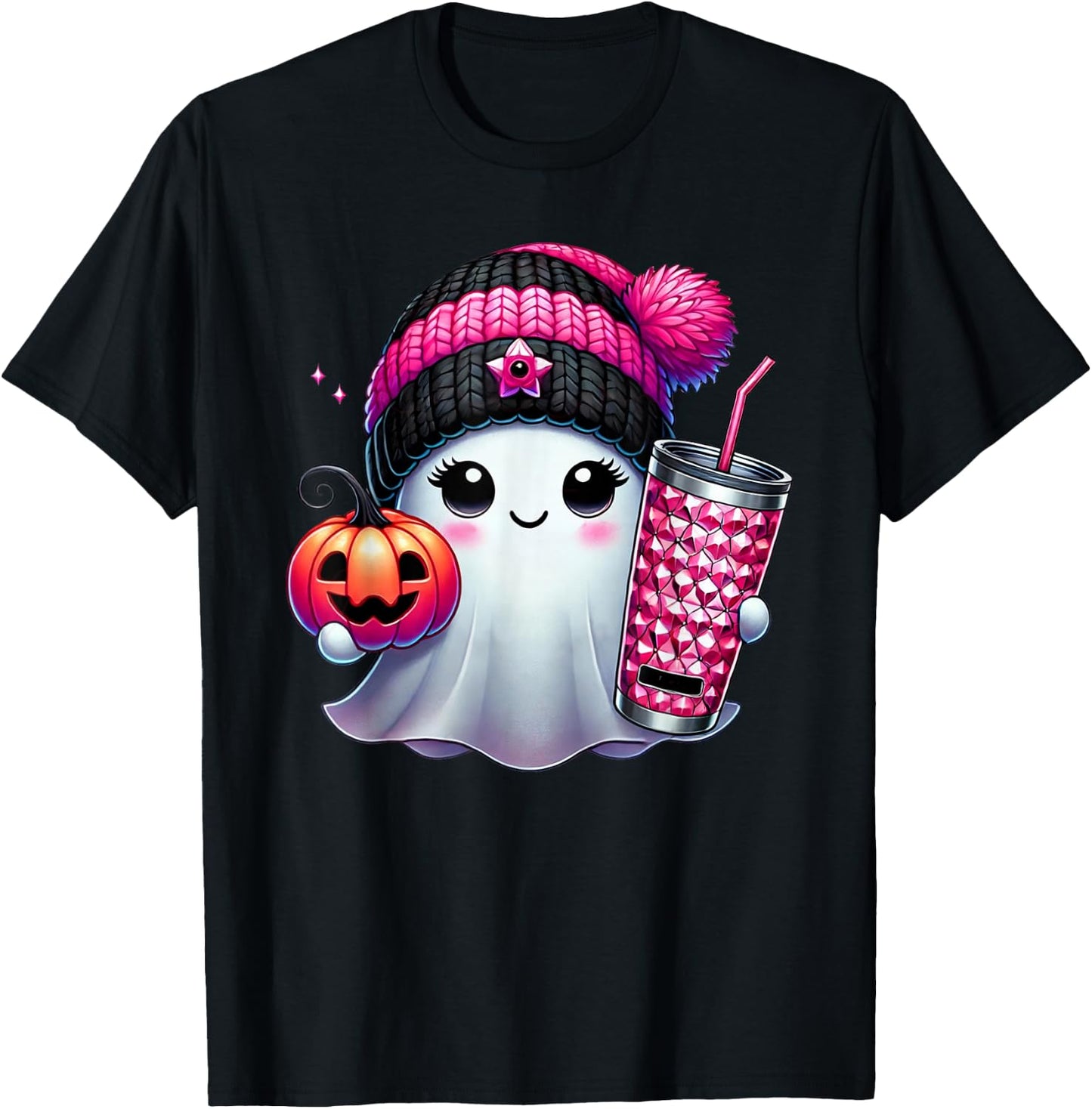 Cute Ghost Drinking Coffee Halloween Ghost Ice Coffee T-Shirt - T-Shirt | Black
