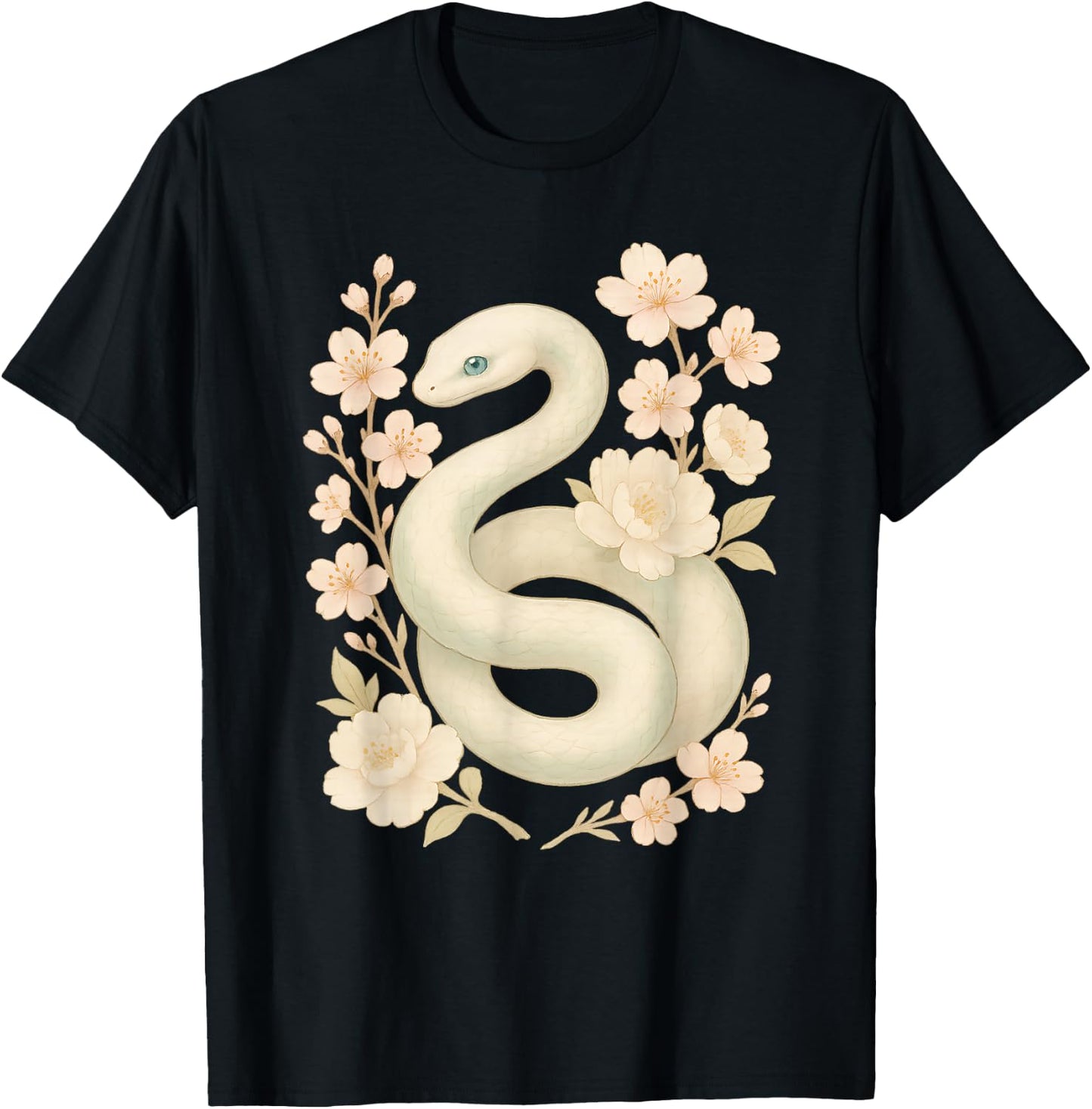 Elegant White Mint Snake with Peony Cherry Blossom Flowers T-Shirt - T-Shirt | Black