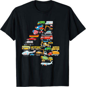 Kids 4th Birthday For Boys Cars Vehicles Fire Truck Airplane T-Shirt - T-Shirt | Black