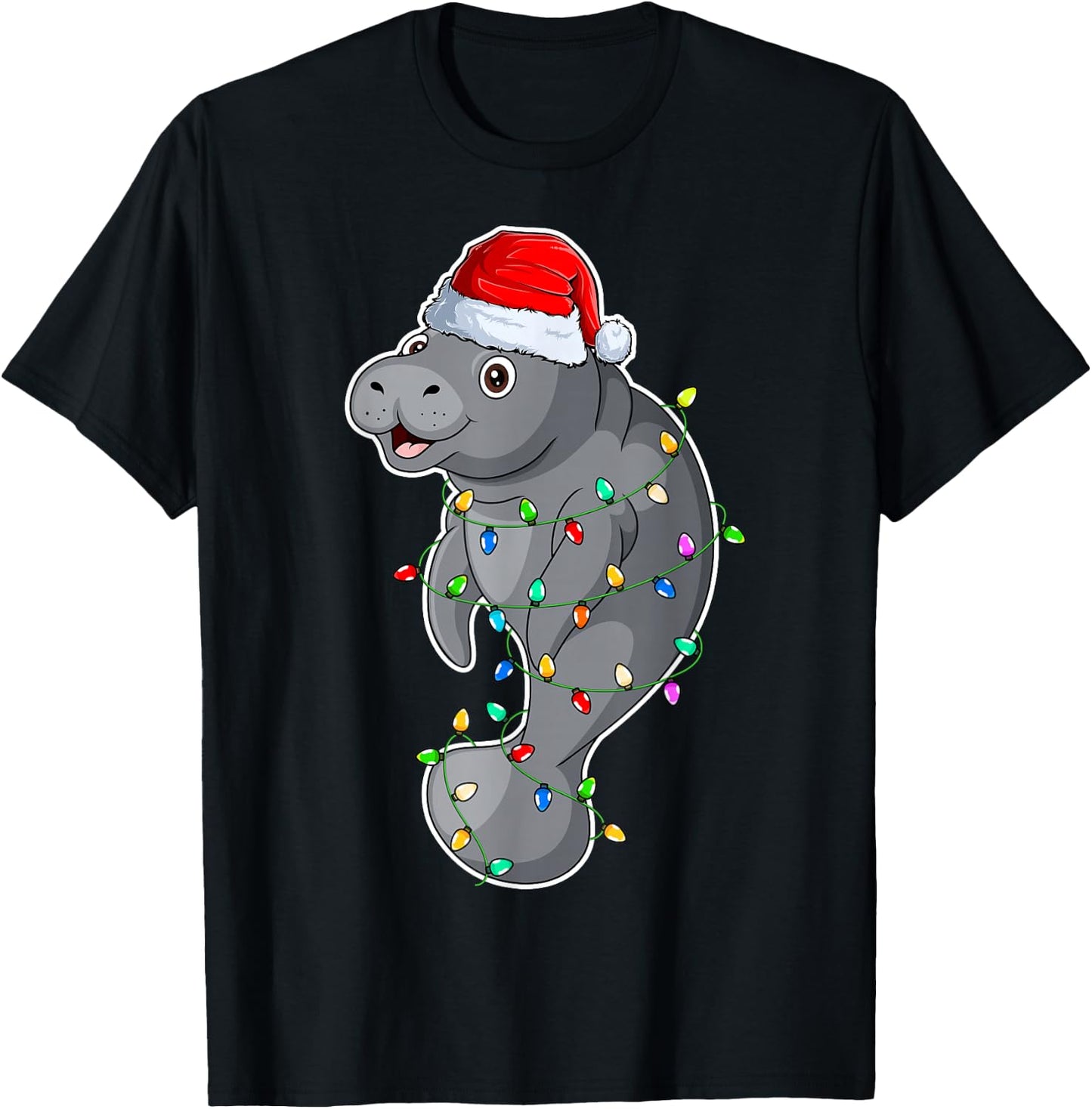 Manatee Wearing Santa Hat Xmas - Manatee Lover Christmas T-Shirt - T-Shirt | Black