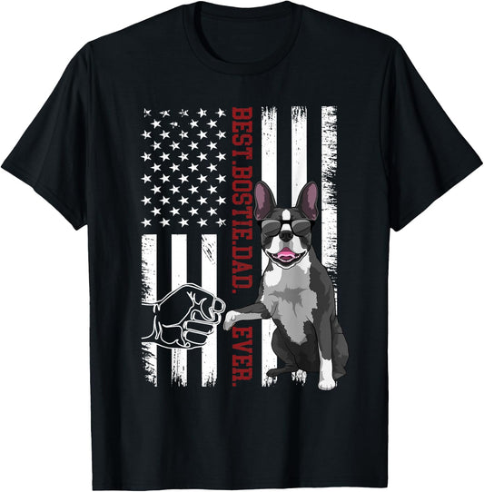 Boston Terrier Dad Dog American Flag Bostie Dog T-Shirt - T-Shirt | Black
