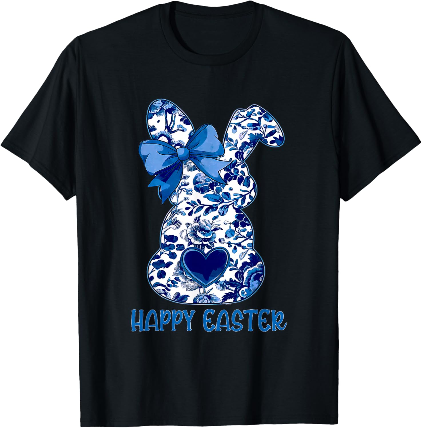 Easter Chinoiserie Floral Bunny With Cute Blue Bow Coquette T-Shirt - T-Shirt | Black