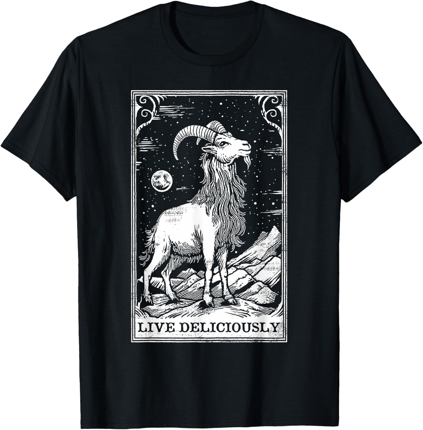 Live Deliciously Tarot Card Shirt Wiccan Goat Pagan Occult T-Shirt - T-Shirt | Black
