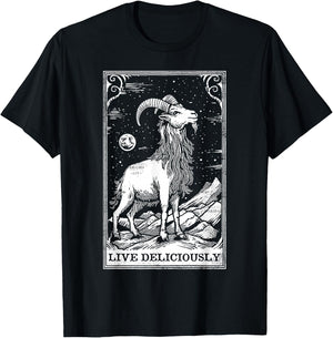 Live Deliciously Tarot Card Shirt Wiccan Goat Pagan Occult T-Shirt - T-Shirt | Black